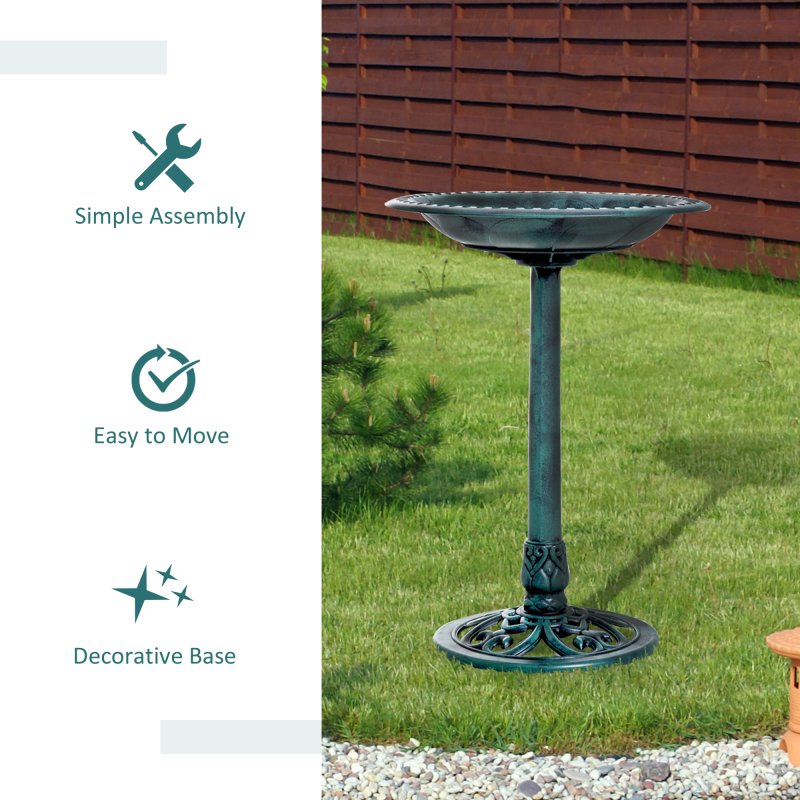 Outsunny 50cm Bird Bath for Garden, Outdoor Birdbath Stand, Decorative Bird Drinking Stand with Scallop-like Pattern, Time-Worn Finish, Green