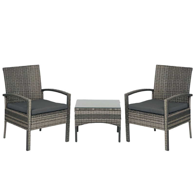 Outsunny 3 Pieces Rattan Bistro Set, Wicker Garden Furniture Set with Glass Top Coffee Table and Chairs, Washable Cushions for Outdoor, Patio, Balcony, Mixed Grey