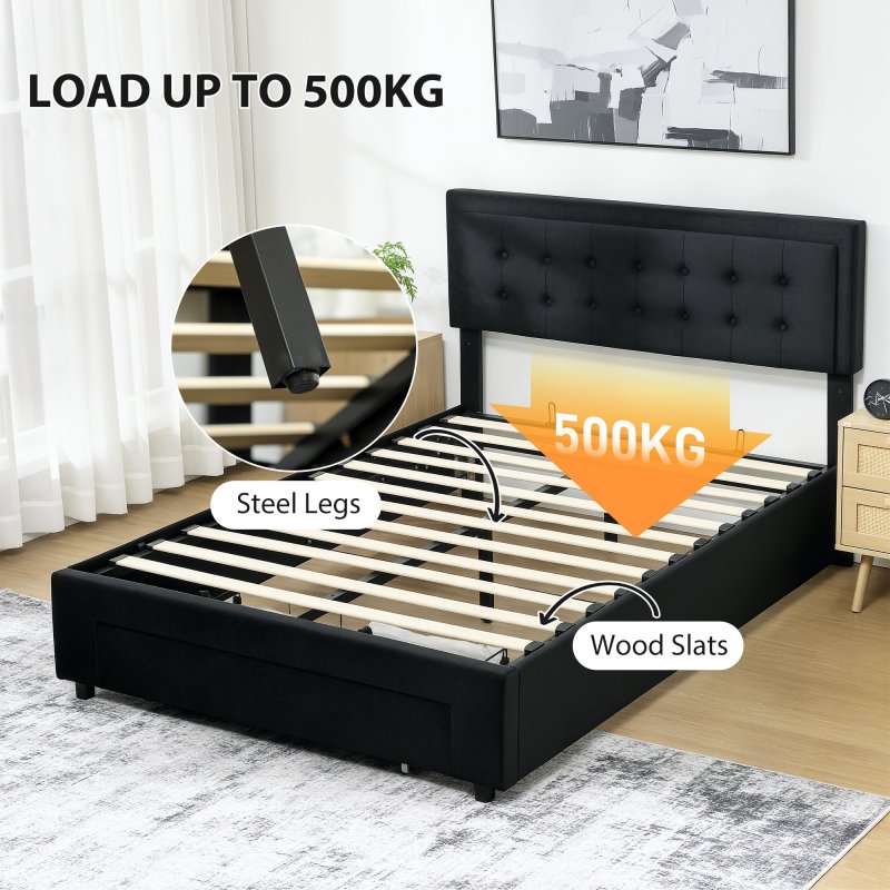 HOMCOM Double Ottoman Bed Frame, 4ft6 Gas Lift Storage Bed with 2-Level Adjustable Velvet Upholstered Headboard, Wheeled Drawer and Wooden Slats, No Mattress, Black