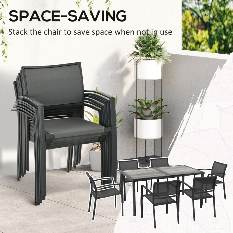 Outsunny 6 Seater Garden Dining Set, Stackable Armchairs and Wood-like Top Table, Space-Saving Outdoor Table and Chairs with Breathable Mesh Seat, Garden Furniture Set, Grey