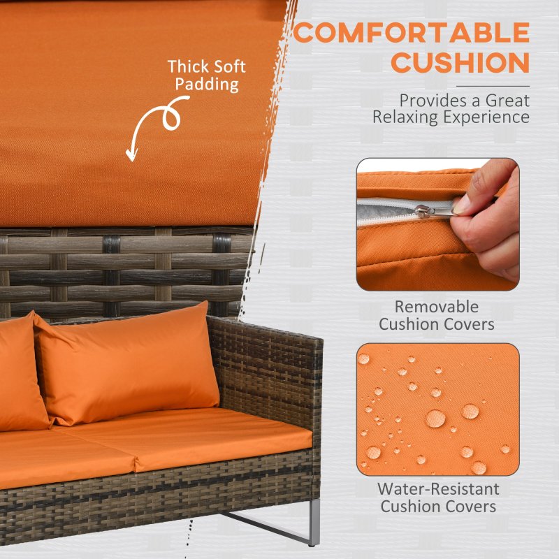 Outsunny 4 Seater Rattan Corner Sofa Set, Wicker Rattan Garden Furniture Set with Loveseats, Tables, Cushions for Outdoor, Patio, Orange