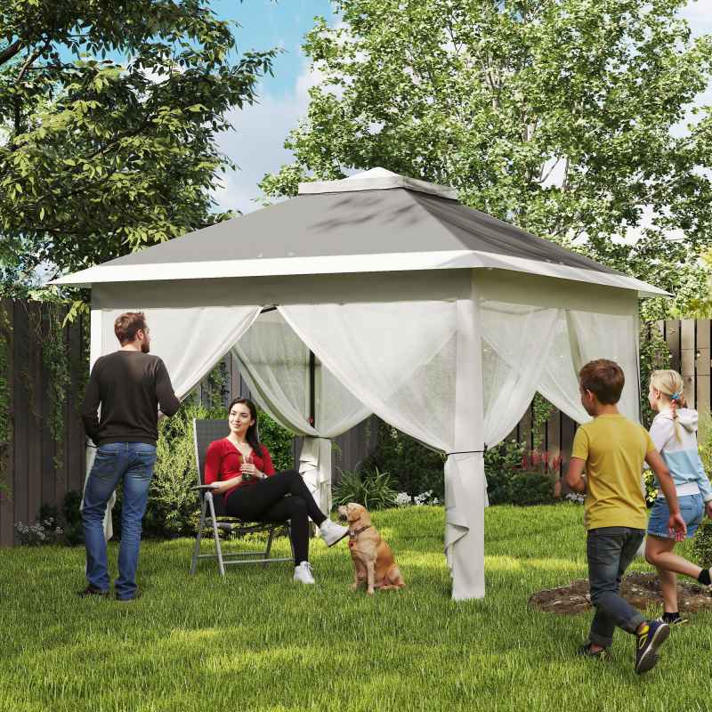 Outsunny 3.3 x 3.3m Pop Up Gazebo, Double Roof Foldable Canopy Tent with Zipped Mesh Sidewalls, Height Adjustable and Carrying Bag, Event Tent for Patio Garden, Dark Grey
