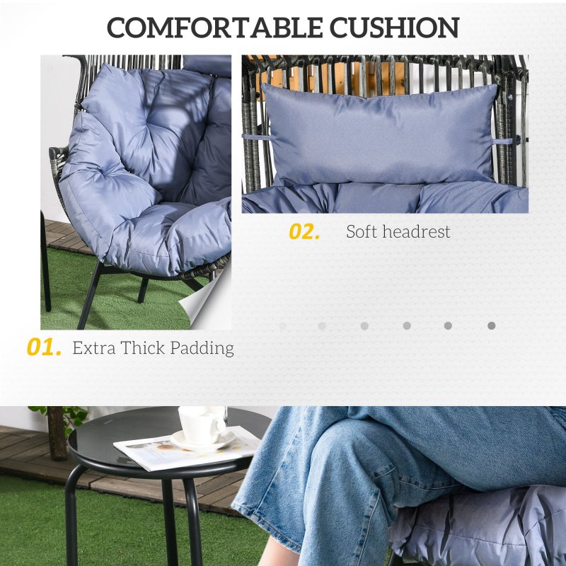 Outsunny Garden Egg Chair with 14cm Thick Seat Cushion, PE Rattan Leisure Chair with Comfortable Headrest, Adjustable Feet, Steel Frame, Mixed Grey