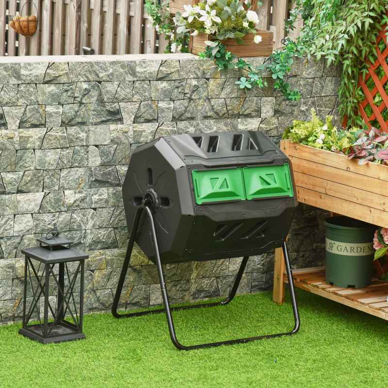 Outsunny 160L Tumbling Compost Bin Outdoor Dual Chamber 360 Rotating Composter, Garden Compost Bin w/ Sliding Doors & Solid Steel Frame, Black