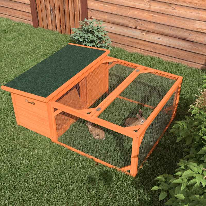 PawHut Rabbit Hutch Outdoor Guinea Pig Hutch with Run Small Animal Off-ground Duck House Hideaway Backyard with Openable Roof 125.5 x 100 x 49cm Orange