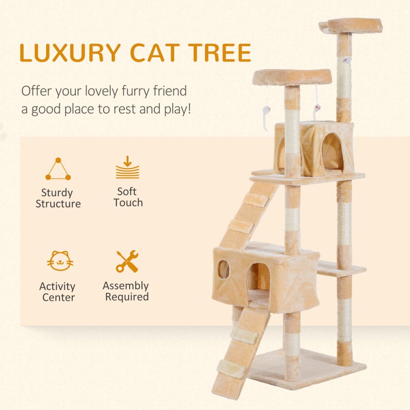 PawHut Cat Tree for Indoor Cats, 173 cm Cat Tower Scratching Post, Tall Climbing Tower, Activity Centre House, Cream