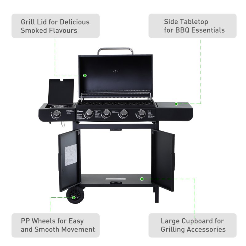Outsunny 4+1 Burner Gas BBQ Grill, Outdoor Barbecue Trolley with Wheels, Warming Rack, Side Shelves, Cabinet, Thermometer for Garden, Party, Camping, 125 L x 51 W x 100 H cm, Black