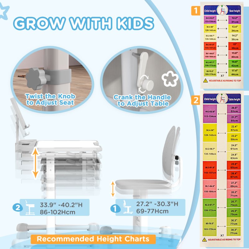 AIYAPLAY Kids Desk and Chair Set, Height Adjustable School Study Table Chair Set with Tilted Desktop, Storage Drawer, Book Stand, for Writing Reading, kids Aged 3-12 Years, Grey