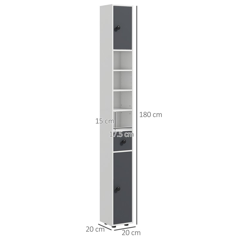 kleankin 180cm Tall Bathroom Cabinet, Slim Bathroom Storage Cabinet with 4 Open Shelves, 2 Door Cupboards and Adjustable Shelves