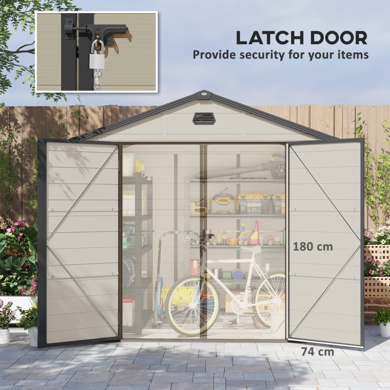 Outsunny 8 x 6ft Plastic Garden Storage Shed with Foundation Kit, Polypropylene Outdoor Storage Tool House with Ventilation Slots and Lockable Door, Cream White