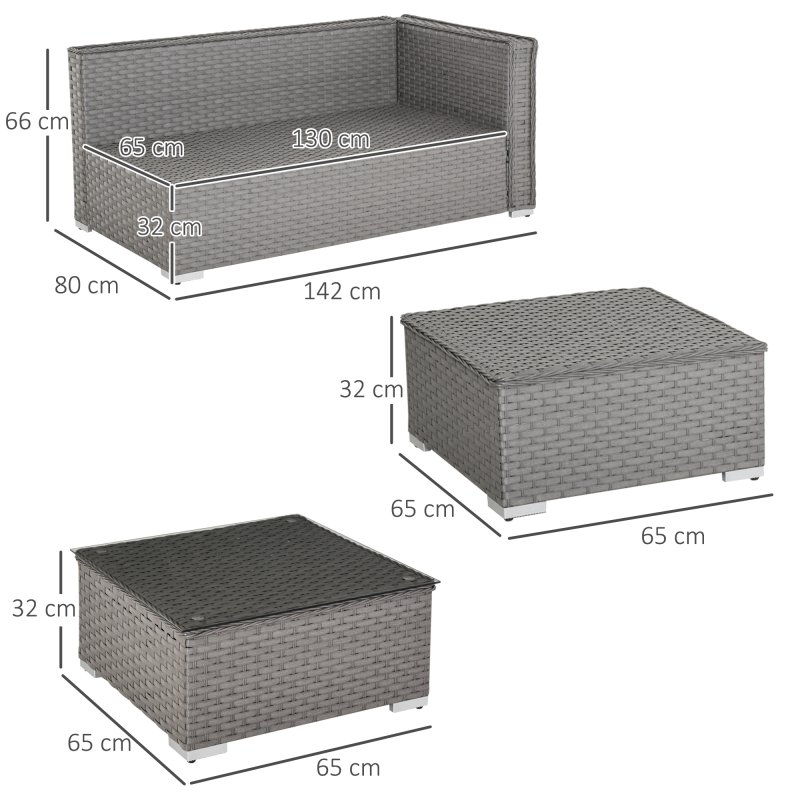 Outsunny 5 Pieces Rattan Garden Furniture Set, Wide & Deep Garden Sofa with Thickened Cushions, Outdoor Furniture Conservatory Set with Loveseats, Footstools and Glass Top Table for Patio, Grey
