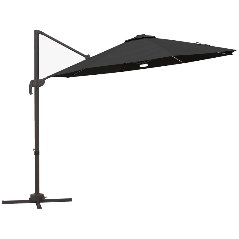 Outsunny 3(m) Cantilever Roma Parasol Garden Sun Umbrella Outdoor Patio with 360 Rotation Crank & Tilt Aluminium Frame LED Solar Light Cross Base, Dark Grey