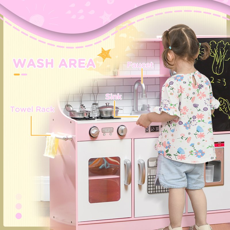 AIYAPLAY Play Kitchen, Kids Kitchen Playset Toy with Chalkboard, Toy Phone, Microwave, Ice Maker, Cooking Stoves, Sink, for Boys Girls Ages 3-8 Years, Pink