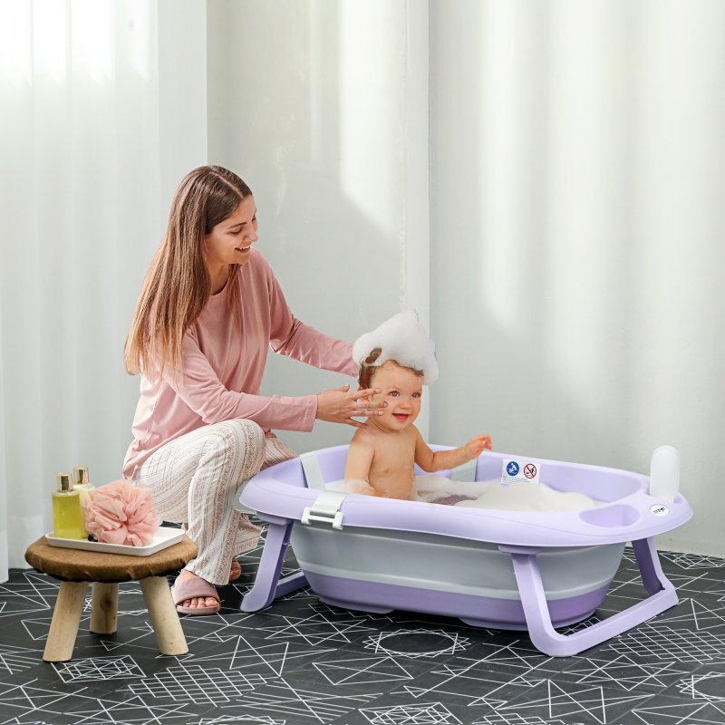 ZONEKIZ Foldable Baby Bath Tub Set, Collapsible Bathtub Antibacterial with Non-Slip Support, Cushion Pad, Shower Head Holder, for Newborn to Toddler Ages 0-6 Years - Purple