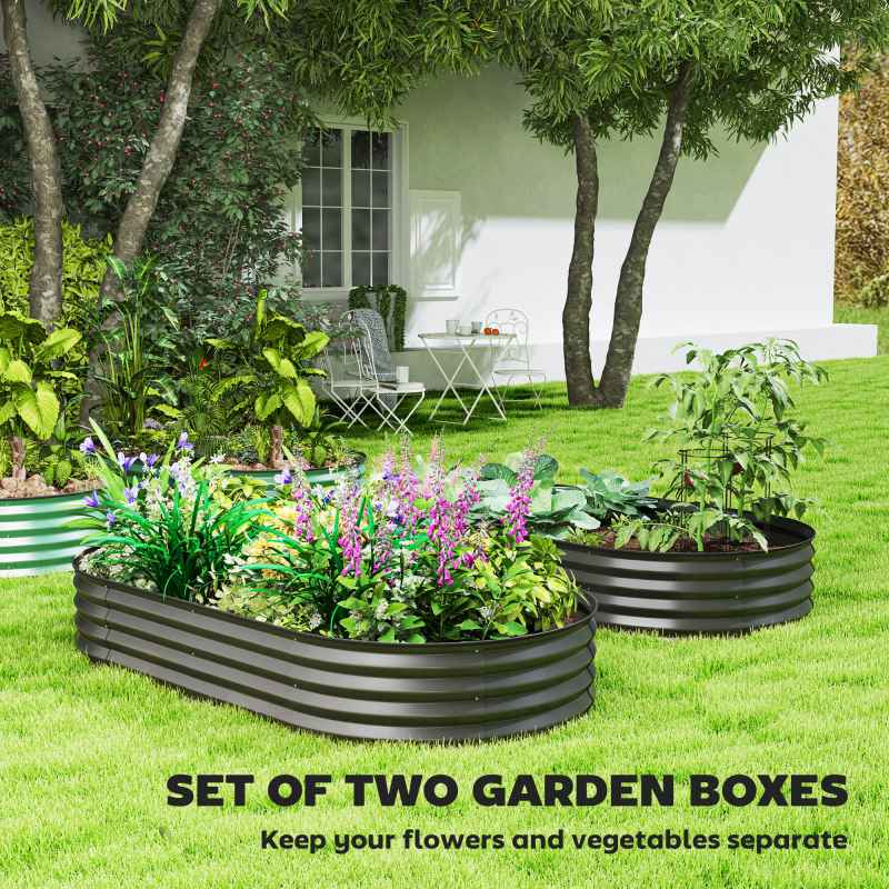Outsunny Set of 2 Raised Beds for Garden, Outdoor Galvanised Planter Box with Plant Support Stakes, Rubber Strap Edging and Bottomless for Flower, Vegetable, 181 x 93 x 30 cm, Dark Grey