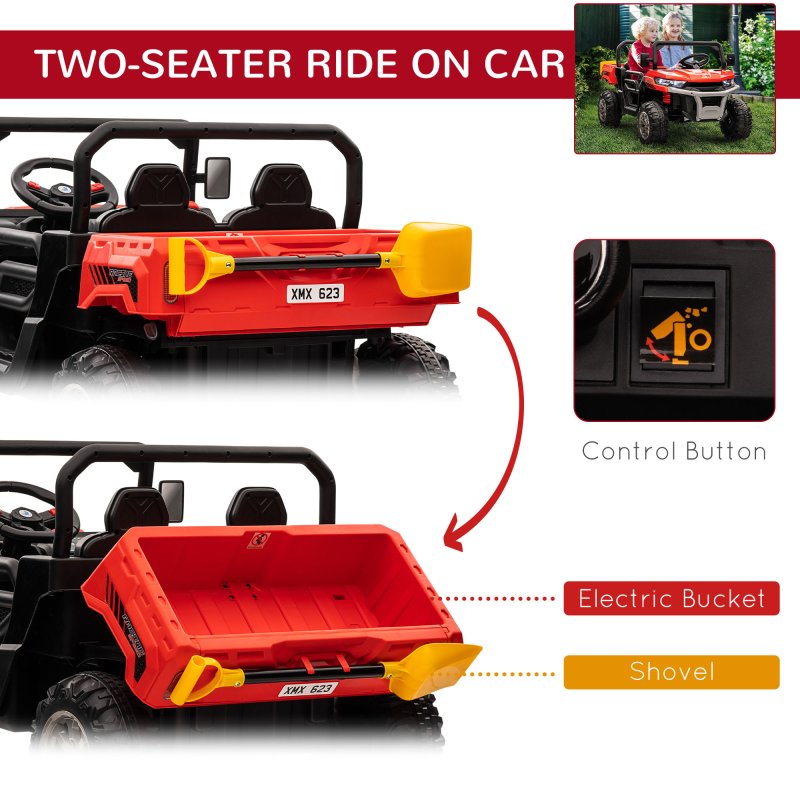 HOMCOM 2 Seater Kids Ride On Car with Electric Bucket, 12V Battery Powered Electric UTV with Shovel, Parental Remote, 4 Spring Suspension Wheels, Working Horn, Music - Red