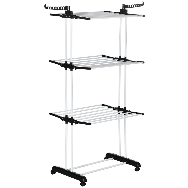 HOMCOM 4-Tier Clothes Airer, Foldable Clothes Drying Rack with Wheels and Wings, Steel Garment Laundry Rack for Indoor and Outdoor Use, Black