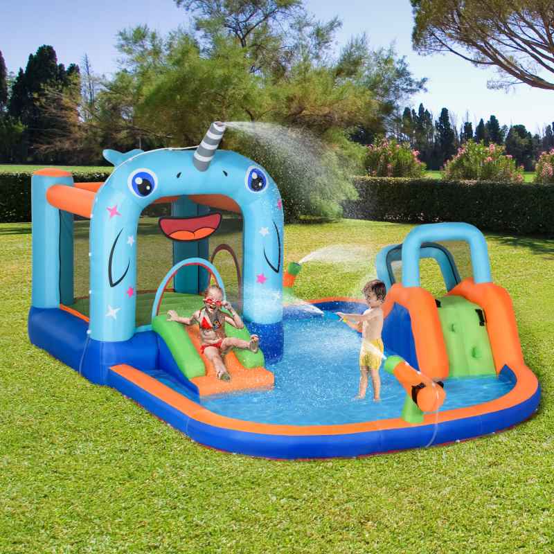 Outsunny 5 in 1 Kids Bouncy Castle Narwhals Style Inflatable House with Slide Trampoline Pool Water Gun Climbing Wall with Inflator Carrybag, 4.2 x 3.7 x 2.3m