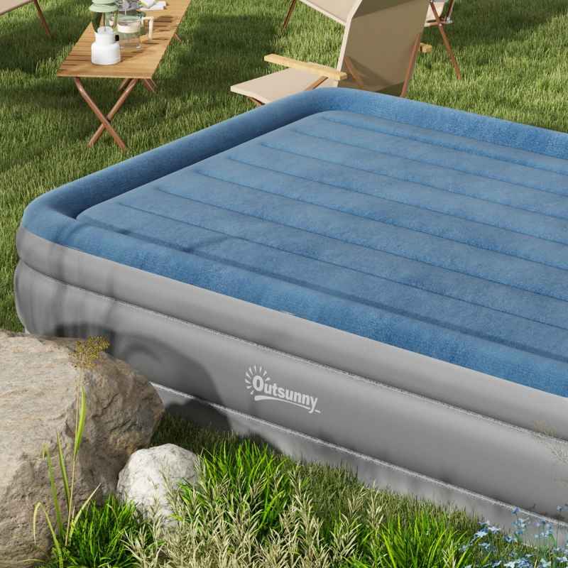 Outsunny King Size Air Bed with Built-in Pump, Inflatable Mattress with Carry Bag, Flocked Surface, Blow Up Airbed for Guest, Camping, Travel, 203 x 152 x 46cm, Blue and Grey