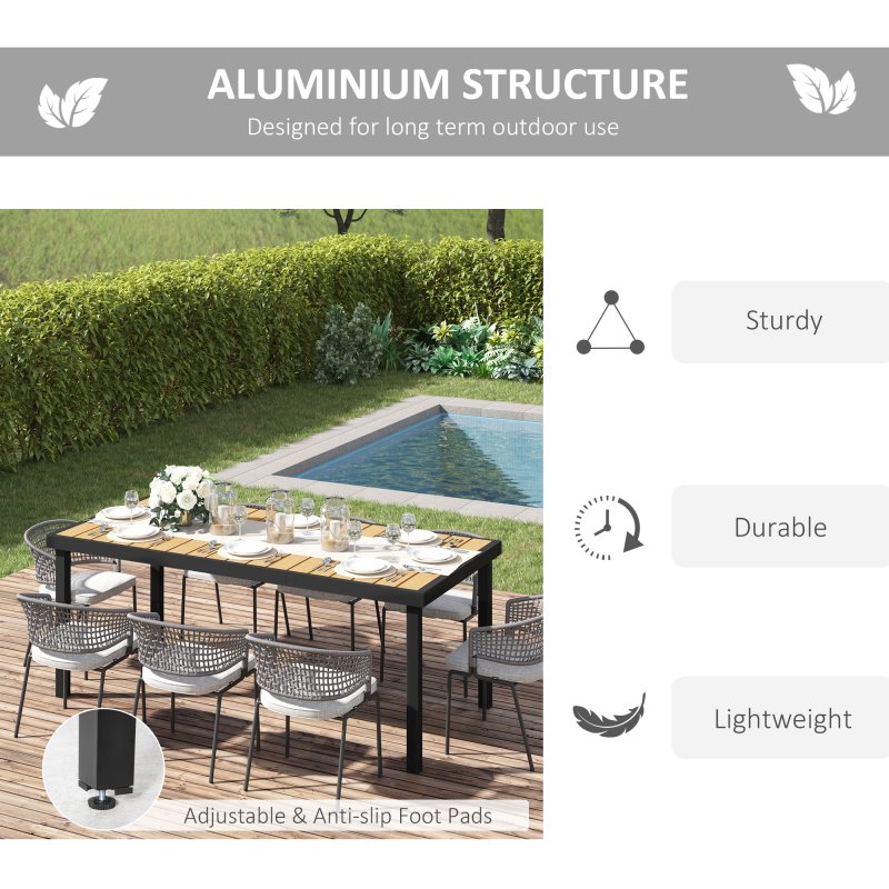 Outsunny Garden Table for 8 People, Rectangular Aluminium Outdoor Dining Table with All-Weather Faux Wood Top for Garden, Patio, 190 x 90 x 74 cm, Natural