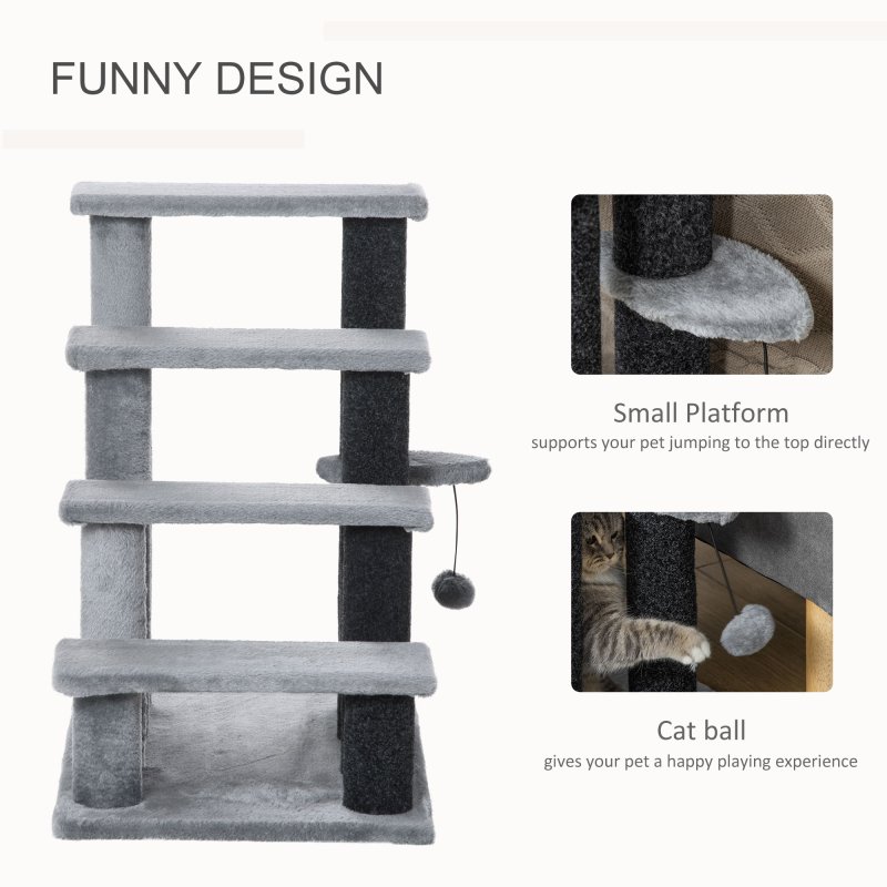 PawHut Pet Stairs, Cat Tree Climb Ladder with 4-step Stair, Scratching Posts, Platforms, Toy Ball, for Indoor Cats, Grey