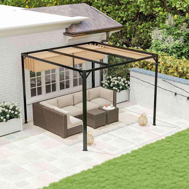 Outsunny 3 x 3(m) Garden Pergola with Retractable Roof Canopy, Aluminium Pergola Kit Gazebo with Roller Shade, UPF30+ Sun Shade Shelter for Porch, Khaki