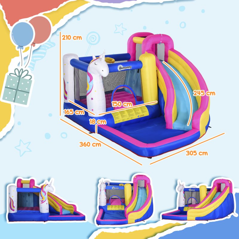 Outsunny Bouncy Castle for Children, 5 in 1 Inflatable Bounce House Unicorn Design with Blower, Slide, Climbing Wall, Basketball Hoop, for Ages 3-8 Years