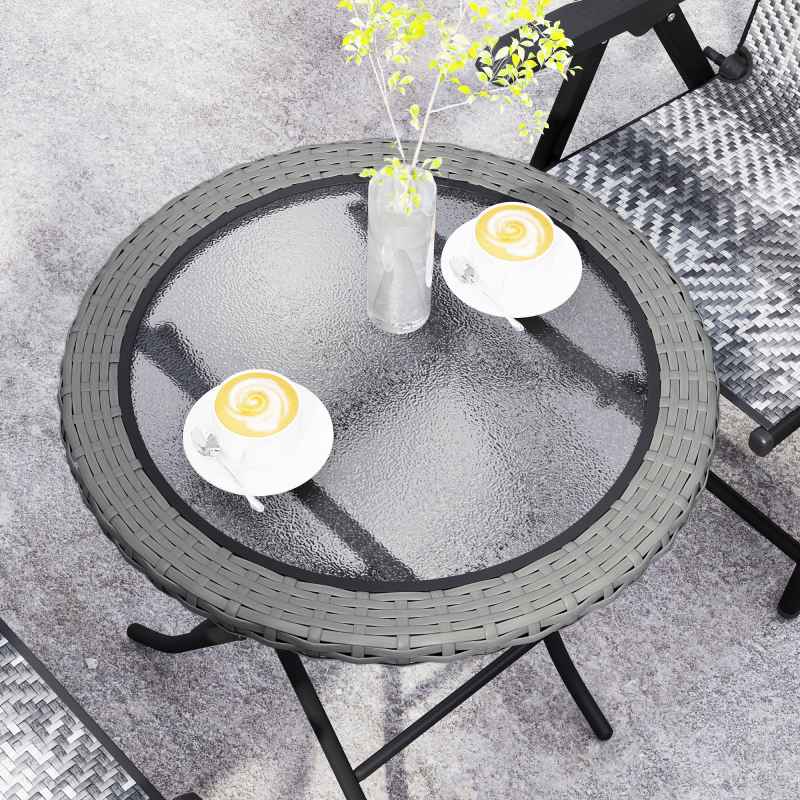Outsunny Folding Rattan Garden Dining Table, 68 cm Round Rattan Garden Table with Water Ripple Tempered Glass Top, Wicker Edging  and Steel Frame for Outdoor, Patio, Grey