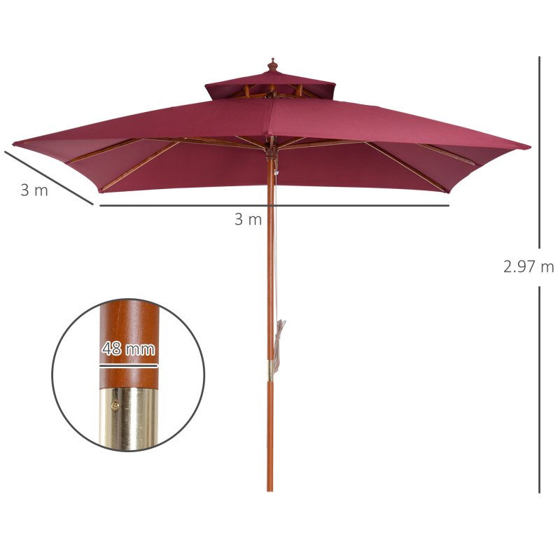 Outsunny 3 x 3(M) Garden Parasol Umbrella Sunshade, Outdoor Wooden Parasol with Double Tier Canopy, Wine Red