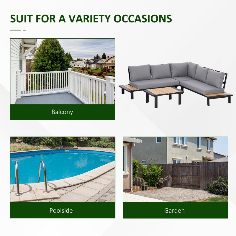 Outsunny 4 Pieces Aluminium Garden Furniture Sets with Thick Padded Cushion, 5 Seater Outdoor L Shape Corner Sofa Conversation Set, w/ Coffee Table and Sofa Side Table for Patio, Deck, Dark Grey