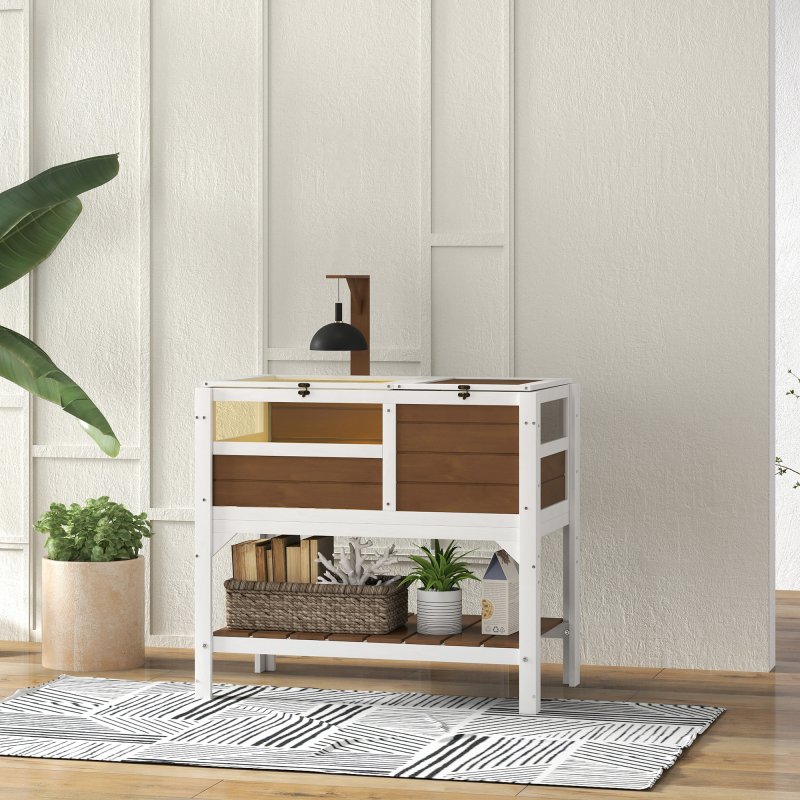 PawHut Tortoise House w/ Shelf, Small Pet Reptile Wooden House w/ Hide Shelter Den and Run, Lamp Holder, Tray, for Indoors, Outdoors - Brown