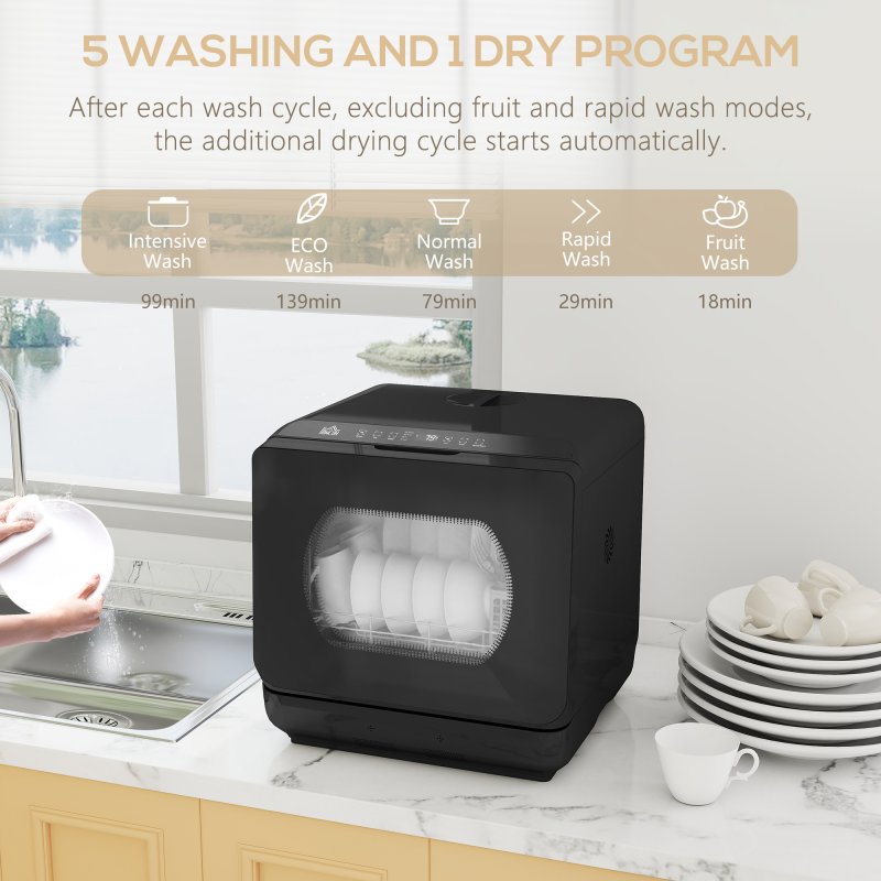 HOMCOM Table Top Dishwasher, Mini Countertop Dishwasher No Plumbing with Built-in 6L Water Tank, 6 Programs, Touch Control, LED Display, 4 Place Settings, Dual Water Supply and Fruit Wash, Black