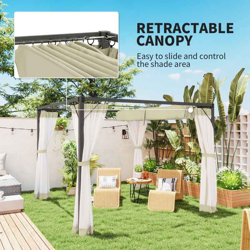 Outsunny 3 x 3 m Pergola with Retractable Roof Canopy and Netting Sidewalls, Aluminium Frame Garden Gazebo Outdoor Sun Shade Shelter for Grill, Patio, Deck, Khaki