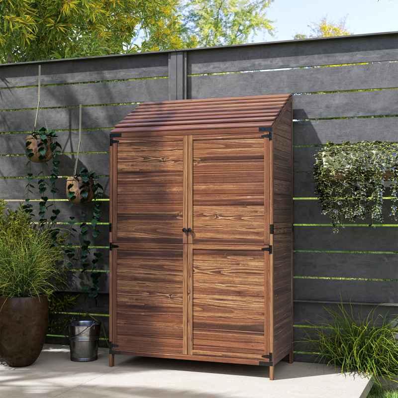 Outsunny Lean-to Small Shed, Tall Wooden Garden Shed with Slatted Bottom, Magnetic Doors, Double Shelves, Outdoor Tool Log Store, 103.5 x 59 x 174.5 cm, Mixed-Brown