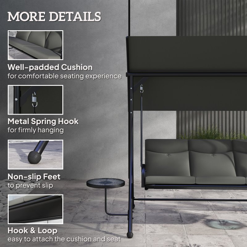 Outsunny 3 Seater Garden Swing Seat Swing Chair with Adjustable Canopy, Removable Cushion and Coffee Tables for Outdoor Patio Garden Dark Grey