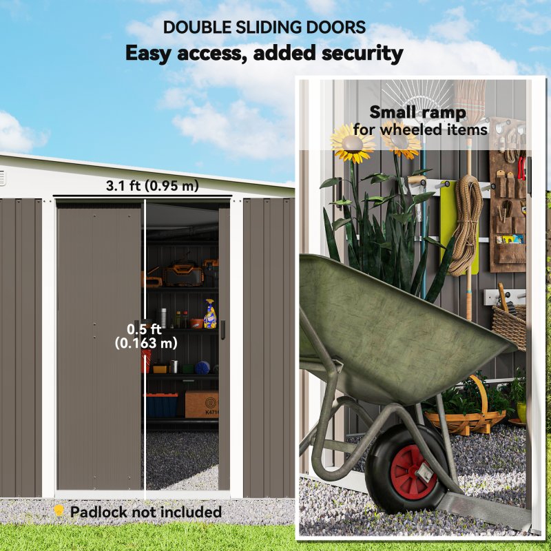 Outsunny 11.3 x 9.2ft Lean to Metal Garden Shed with Double Sliding Doors, Outdoor Galvanised Tool Storage House with 2 Air Vents, Grey