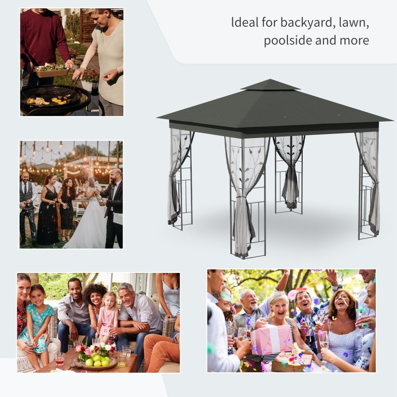 Outsunny 3(m) x 3(m) Garden Gazebo, Double Roof Outdoor Gazebo Canopy Shelter with Netting, Solid Steel Frame, for Garden, Lawn and Deck, Grey