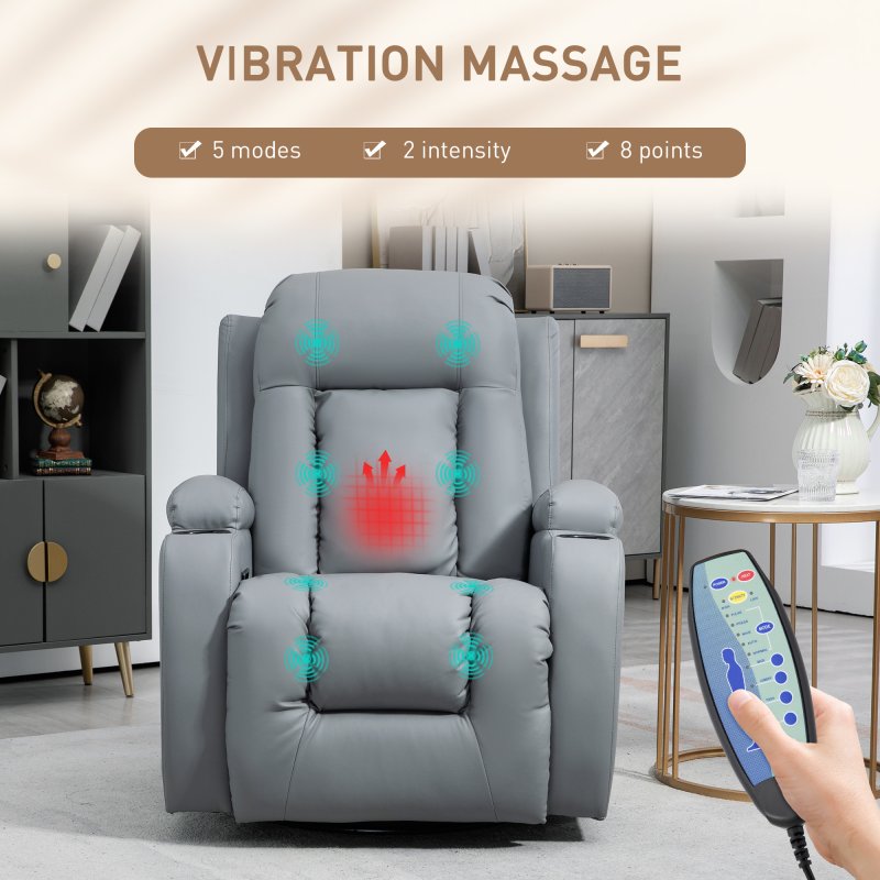 HOMCOM Massage Recliner Chair with 8 Vibration & Heat, PU Leather Recliner Armchair with Cup Holders and Side Pockets, Manual Reclining Chair with Remote, 360° Swivel, Rocking, Light Grey