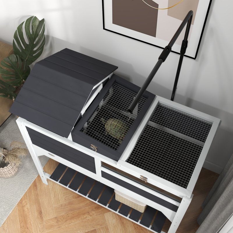 PawHut Tortoise House, 2 Layers Wooden Tortoise Enclosure with Adjustable Lamp Holder, Tortoise Table with Openable Lid, Removable Main House, Storage Shelf, Run Box, Fixed Tray - Grey