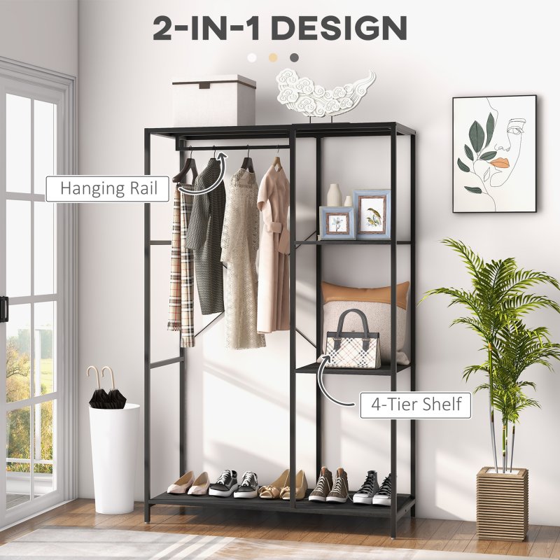 HOMCOM Coat Rack with Shoe Storage, 170cm Free Standing Hall Tree with Hanging Rail and Storage Shelves, 2-In-1 Coat Stand for Hallway, Entryway, Bedroom, Black