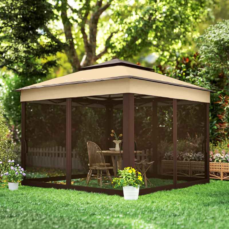 Outsunny 3 x 3(m) Pop Up Gazebo with Netting and Carrying Bag, Party Tent Instant Event Shelter, Height Adjustable and UV-Resistant, for Garden, Patio, Beige