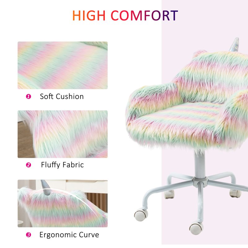 Vinsetto Fluffy Desk Chair with Arms, Faux Fur Home Office Chair, Unicorn Swivel Chair with Adjustable Height and Wheels, Colourful