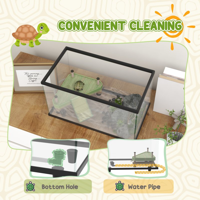 PawHut Turtle Tank, 28L Glass Turtle Aquarium with Basking Platform, Ramp, Easy Drainage, Strip Patch Thermometer, for Small Turtles, 45 x 25 x 29cm