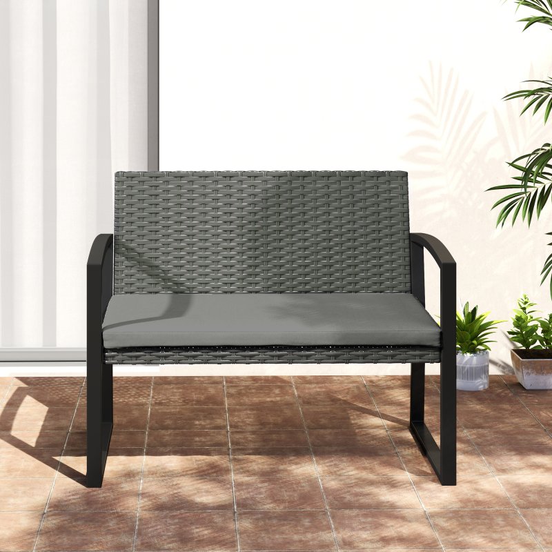 Outsunny 2 Seater Rattan Garden Bench, Outdoor Bench with Cushion, PE Wicker Garden Loveseat with Armrests, Galvanised Steel Frame for Patio, Park, Dark Grey