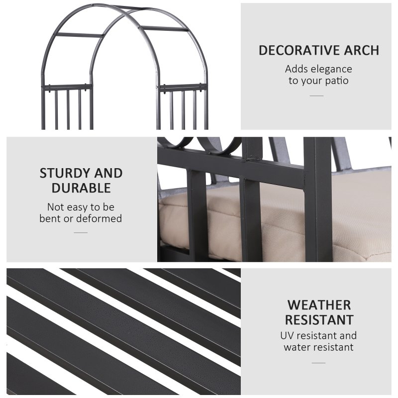 Outsunny Garden Metal Arch Bench, Outdoor Furniture Chair with Cushion Outdoor Patio Rose Trellis Arbour Pergola, for Climbing Plant 114L x 60W x 206H cm