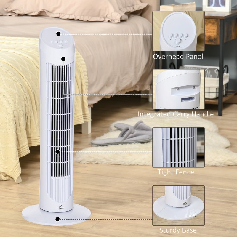 HOMCOM Tower Fan for Bedroom Cooling, 30 Inch Electric 70° Oscillating Fan with 3 Speed Settings, Standing Floor Fan for Home Office Indoor, White