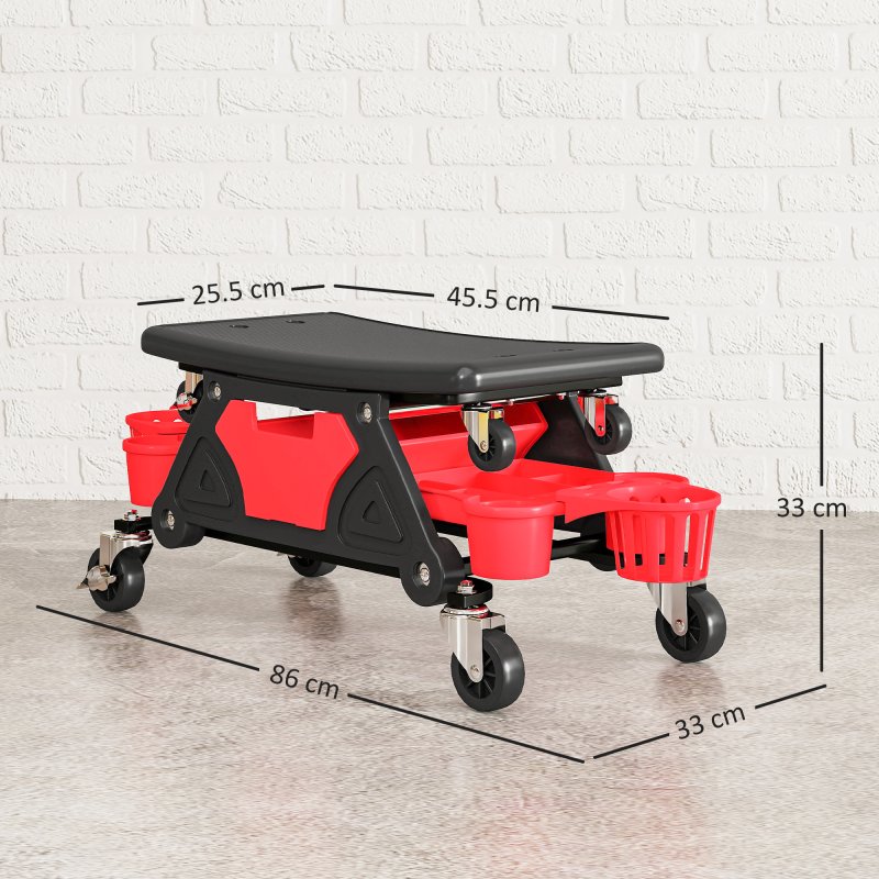 HOMCOM Rolling Mechanic Stool, 135kg Capacity Workshop Stool with 360 Swivel Wheels, Roller Creeper Seat with Slide Out Tool Trays, Drawer, Bottle Holders for Garage, Shop, Auto Repair, Red
