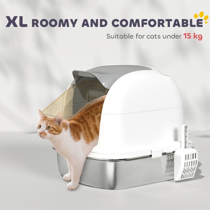 PawHut Stainless Steel Cat Litter Tray with Lid, High-Sided XL Enclosed Metal Litter Box for Big Cats with Scoop, Flip-Cover, Easy Clean