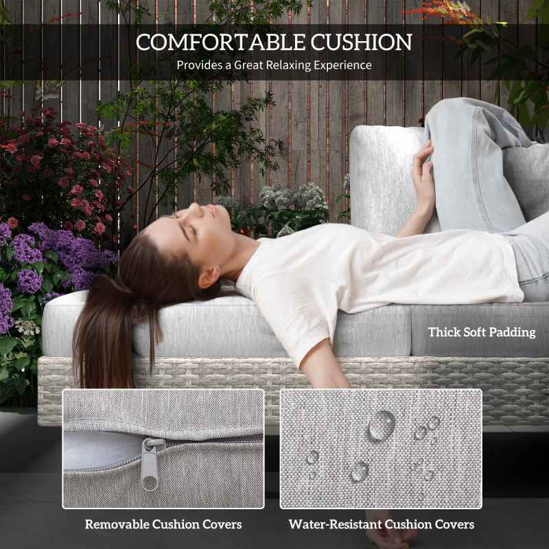 Outsunny 3 Pieces Rattan Garden Furniture Set, Wicker Garden Sofa Set with 3-Seater Sofa, Loveseat, Coffee Table, Side Table & Cushions, 5-Seater Outdoor Furniture Set, Grey