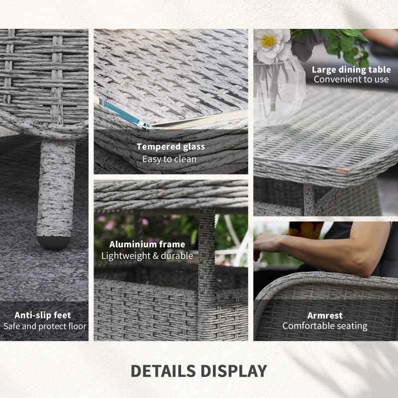 Outsunny Garden PE Rattan Dining Sofa Set, Outdoor 4 Seater Wicker Furniture, High Back Chairs with Cushions, Tempered Glass Coffee Table for Patio, Light Grey